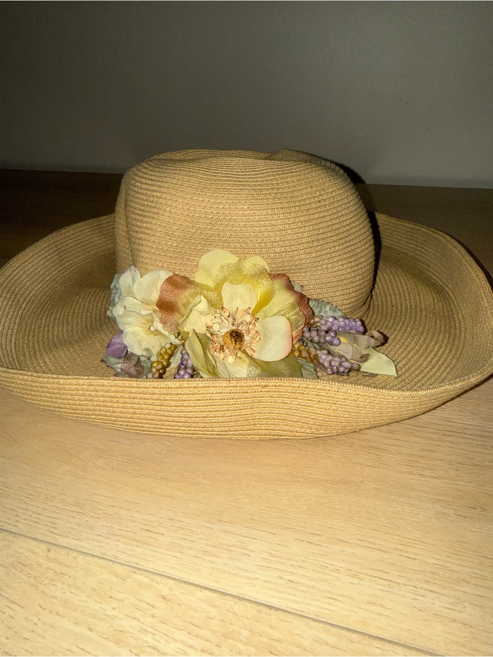 Toucan Wide-Brim Straw Hat with Yellow Floral Accent